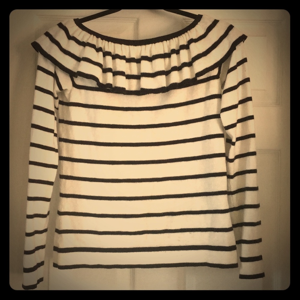 J Crew Ruffled Sweater - black and white striped